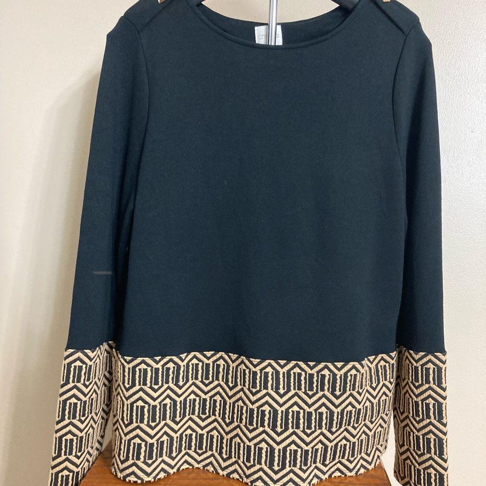 Chico's black and gold pullover shirt sz 1 (S) fancy strap shoulder straight fit